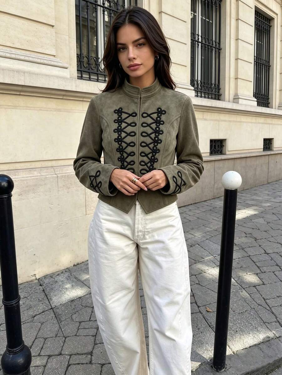 DEEKA Autumn New Women's European And American Style Fashion Minimalist Versatile Suede Texture Rope Button Jacket - Army Green - View 1