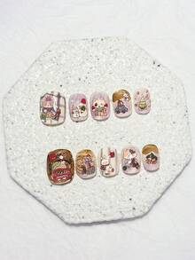 10件組可愛聖誕動物卡通兔子雪人小貓短圓形可重複使用假指甲美甲用品（含1片果凍貼 + 1片指甲锉） - 彩色 - 查看 13