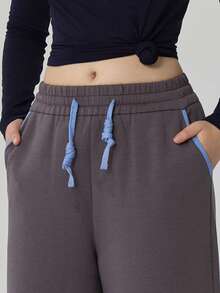 Leorrey 1pc Women's Fashion Contrast Color Ribbed Elastic Waist Drawstring Dual Side Pockets Sports Long Pants - Dark Grey - View 3