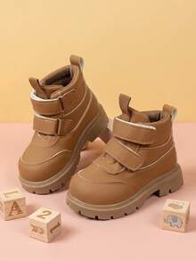 Boys' Energetic Caramel Camel Double Hook & Loop Ankle Boots, Thick Sole Round Toe Design, Suitable For Outdoor Outings And Autumn/Winter Outfits - Camel - View 1