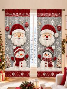 2Pcs Santa Claus & Snowman Christmas Snowflake Pattern Printed Semi-Sheer Rod Pocket Holiday Window Curtains, Cute Cartoon Design, Suitable For Living Room And Bedroom, Rod Not Included, Machine Washable - C - View 2