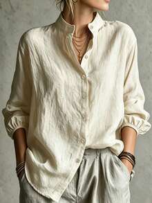 2026 Women's Autumn/Winter New French Slouchy Slimming Shirt, Loose Silhouette Solid Color Premium Commuter Casual Top, Relaxed Fit Slimming Solid Color Early Autumn Elegant Commuter Blouse, Minimalist Solid Color Light Business Commuter + Daily Versatile Loose Top. Suitable For Home Daily, Commuting To Work, Street Shopping, Winter Travel, Outings With Friends And Other Occasions. - Apricot - View 3