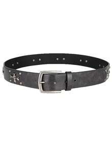 1pc Men's Vintage Faux Leather Belt, Cross Metal Rivet Buckle Belt, Punk Rock Street Style, Perfect Match For Jeans And Cargo Pants, Ideal Gift - Black - View 5