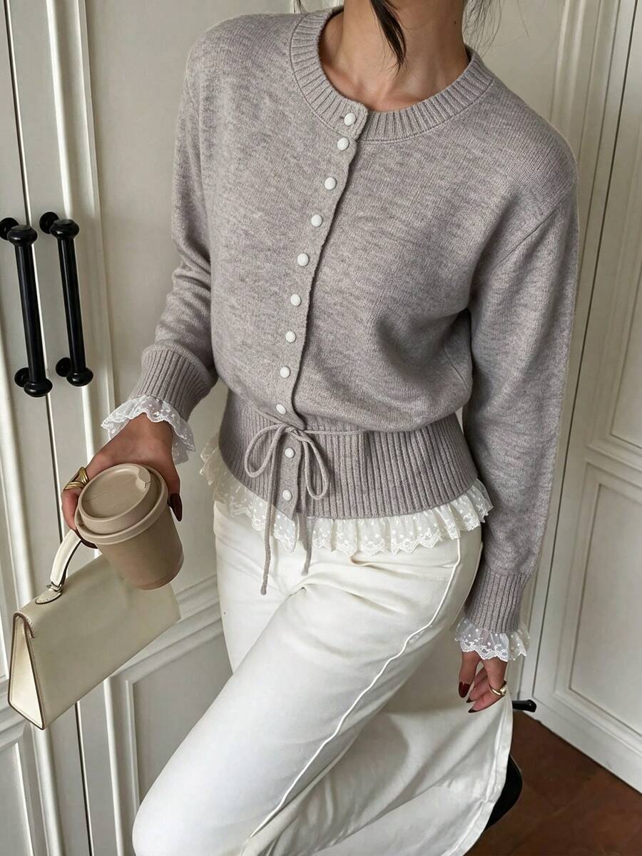 Fall/Winter Sweet Patchwork Contrast Color Lace Trim Knit Cardigan Women's New Round Neck Tie Front Soft Cute Tops - Grey - View 1