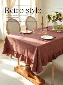 1pc Solid Color Faux Linen Tablecloth With Ruffle Hem Decor, Polyester Fabric, Rectangular/Square Tablecloth For Dining Room, Living Room Tabletop Decoration - Coffee Brown - View 10