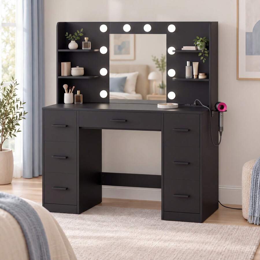 43.3 In. W X 17.7 In. D X 51.4 In. H Makeup Vanity Desk With LED Lighted Mirror & Charging Station, 7 Drawers Dressing Table With Open Shelves & Hair Dryer Holder, 3 Color Lighting Modes