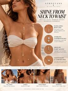 STONEFANS 1pc Gold Sexy Bohemian Y-Shaped Necklace + Waist Chain Integrated Body Jewelry, Shiny Body Accessory For Women Bikini Beach Vacation Summer Party Music Festival Nightclub Crop Top Outfit - Silver - View 6