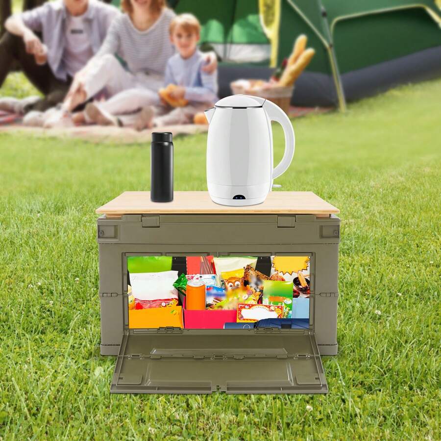 65L Foldable Camping Storage Box With Bamboo Top, PP Collapsible Storage Container, 132.28lbs Load & 551.16lbs Stacking Capacity, Side Access Doors - Green - View 1