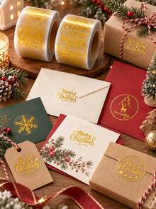 1000PCS/2ROLL Gold Foil Merry Christmas Round Stickers Roll, Self‑Adhesive Labels For Gift Sealing Decor - Multicolor - View 4