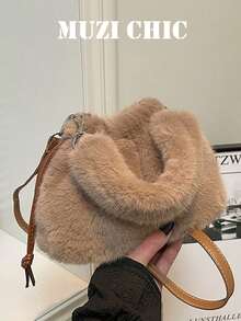 Handbag. Gentle Drawstring Closure Small Bag, Unique Plush Handheld Design, Detachable Hook Structure, Drawstring Opening For Easy Access To Items, Compact And Lightweight Body, Soft And Eye-Catching Style, Easily Create An Atmospheric Outfit. - Khaki - View 1
