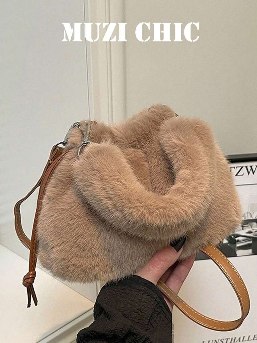 Handbag. Gentle Drawstring Closure Small Bag, Unique Plush Handheld Design, Detachable Hook Structure, Drawstring Opening For Easy Access To Items, Compact And Lightweight Body, Soft And Eye-Catching Style, Easily Create An Atmospheric Outfit. - Khaki - View 1