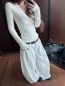 Women's Autumn Atmosphere Cashmere Slim Fit Flattering Base Layer Top - Beige - View 2