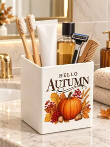 「HELLO AUTUMN」主題迷你牙刷架，迷你長方形牙刷杯，多功能收納整理盒，桌面收納與裝飾容器，可放置牙刷、牙膏、花盆、花瓶、浴室用品，溫馨居家浴室裝飾，秋季裝飾，返校季，秋季感恩節 - 彩色 - 查看 4