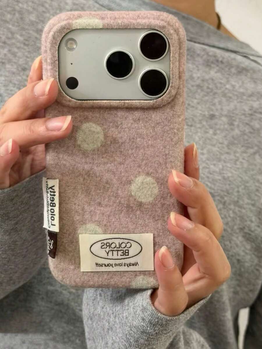 Autumn/Winter Soft Pink & Grey Polka Dot Velvet Phone Case Compatible With Iphone 18 Pro Max, Apple 17, 17 Pro, 15 Pro, 16 Pro Max, Women's Anti-Drop Protective Hard Shell - Multicolor - View 1