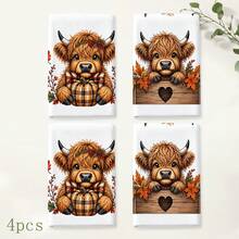 2pcs Highland Cow Pumpkin Maple Leaf Print Kitchen Towels, Plaid Pattern Tea Towels Hand Towels Dish Cloths, Rustic Farmhouse Style Harvest Season Autumn Kitchen Decor Towels, Suitable For Thanksgiving, Autumn Home Decor, Kitchen Restaurant Decoration - Multicolor - View 9