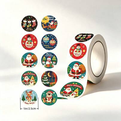 1 Roll Exquisite Christmas Round Stickers, Holiday Cartoon Seal Stickers, Christmas Gift Decoration Stickers, Self-Adhesive Round Label Stickers, Christmas Theme Packaging Stickers, Can Be Applied To Gift Boxes, Envelopes, Baking Packaging, Scrapbook Materials, Used For Gift Sealing And Packaging Beautification, Creating Holiday Atmosphere, Suitable For Christmas Parties, Gift Wrapping, Handmade DIY Scenes, Ideal For People Who Love Holiday Crafts, Multi-Pattern Christmas Roll Self-Adhesive Round Decorative Labels