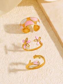 3pcs Stainless Steel Pink Fashion Elegant Geometric Rose Flower Ring Set, Suitable For Women's Daily, Holiday, Shopping Wear - Multicolor - View 7