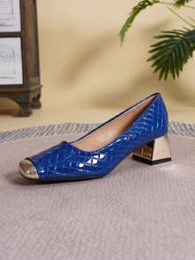 2026 New Women's Blue Diamond Embossed Rhombus Low-Cut Metal Toe Square Toe Chunky Heel 4.5cm Retro Commute Mid-Heel Slip-On High Heels - Royal Blue - View 8