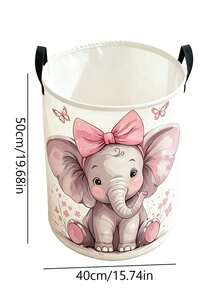 [Cute Elephant Storage Basket]Cute Elephant Laundry Basket, Foldable Round Storage Box With Sturdy Handle | Pink Bow And Butterfly, Soft Macaron Cartoon Design, Durable Storage Bin, Suitable For Game Room, Spring Cleaning, Lightweight, Suitable For Bedroom, Bathroom - Multicolor - View 11