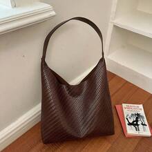Men's Woven Texture Tote Bag, Large Capacity Minimalist Commuter Shoulder Bag, Casual Vintage Soft Leather Handbag For Daily Travel - Multicolor - View 4