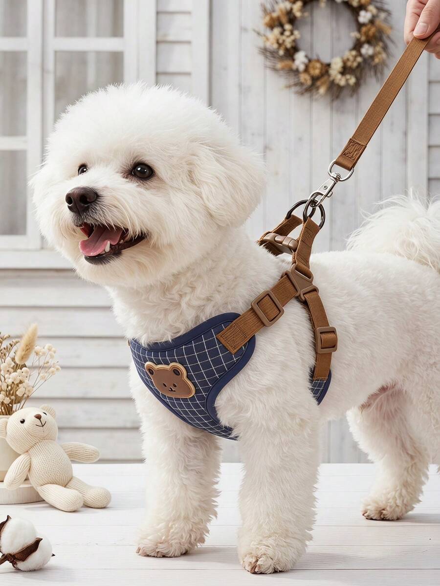 PETSIN Breathable And Comfortable Pet Leash Set With Classic Blue Plaid Fabric And Cute Teddy Bear Print, Designed For Small Teddy Dogs Outdoor Walks, Can Be Paired With Pet Collar