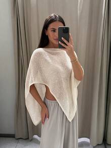 Women's Bohemian Style Solid Color Knit Shawl Cover-Up, Asymmetric Beachwear For Vacation And Party - White - View 3