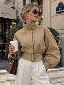 Khaki Belted Cropped Utility Jacket - Khaki - View 1