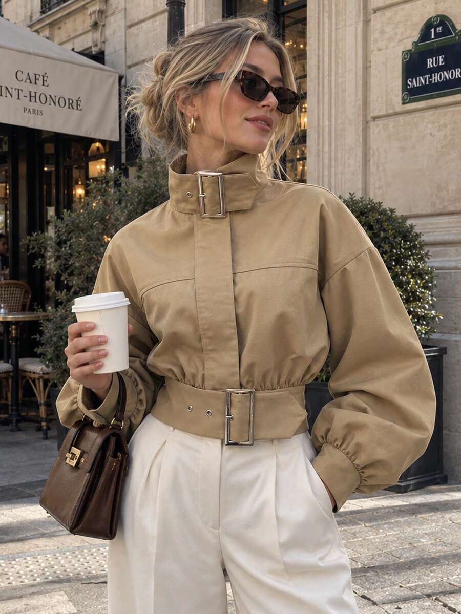 Khaki Belted Cropped Utility Jacket - Khaki - View 1