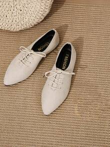 Women's Vintage Soft Minimalist Lace-Up Solid Color Pointed Toe Flat Shoes - Beige - View 6
