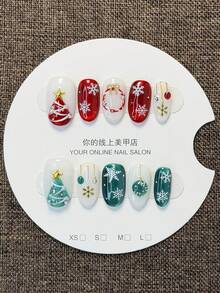 10pcs Handmade Press-On Fake Nails, Acrylic Christmas Limited Edition Red & Green Contrast Color Wearable Nails, Hand-Painted Snowflake Bell Gold Decor, Holiday Atmosphere Winter Fairy Tale Nails, 3D Christmas Tree Snowflake Painted Design, Removable Nail Tips For New Year Party - Multicolor - View 10