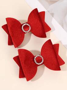 2pcs Red Hair Bow Clips With Rhinestones For Women,Solid Color Hair Bows,Elegant Fashion Hairpins,Fall Winter Daily Hair Accessories - Red - View 8