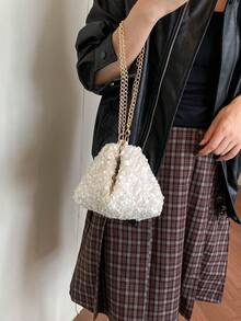2026 New Cross-Border Faux Mesh Rhinestone Knot Crescent Underarm Bag, Embellished Shoulder Party Evening Bag - White - View 7