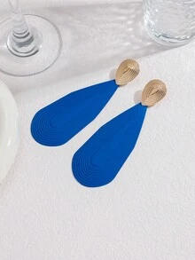 Gold Textured Stud Earrings With Light Blue Teardrop Long Dangle, Concentric Circle Pattern Matte Exaggerated Drop Earrings For Women - Multicolor - View 8