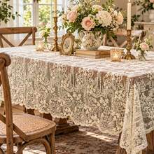 1pc French Vintage Floral Hollow Lace Tablecloth, Wavy Edge Semi-Transparent Lace Tablecloth, Washable Decorative Tablecloth, Suitable For Dining Table, Wedding Party, Home Kitchen Decor - Apricot Embroidery - View 1