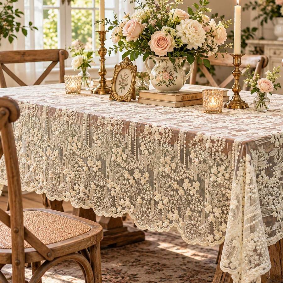 1pc French Vintage Floral Hollow Lace Tablecloth, Wavy Edge Semi-Transparent Lace Tablecloth, Washable Decorative Tablecloth, Suitable For Dining Table, Wedding Party, Home Kitchen Decor - Apricot Embroidery - View 1