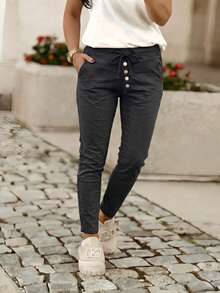 Women's Pants With Elastic Pockets, Suitable For Autumn. Available In Multiple Colors And With Elastic Pockets. Mom Pants Are Perfect For Autumn - Black Button - View 1