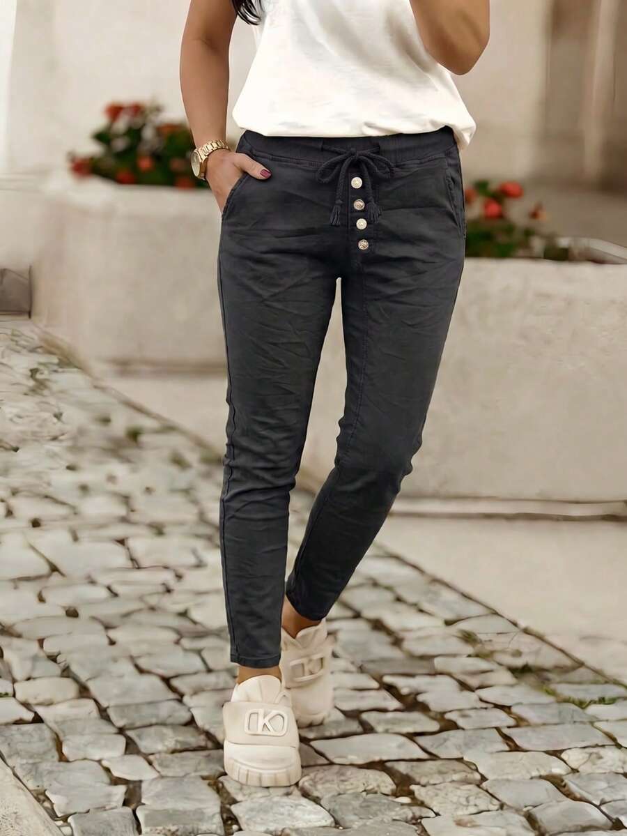Women's Pants With Elastic Pockets, Suitable For Autumn. Available In Multiple Colors And With Elastic Pockets. Mom Pants Are Perfect For Autumn - Black Button - View 1