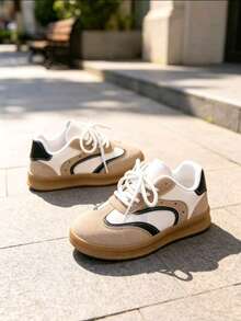 1 Pair Spring/Autumn Children's Training Shoes, Colorblock Patchwork Lace-Up Sneakers, Boys & Girls Non-Slip Soft Sole Sports Casual Shoes - Khaki - View 4