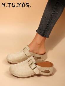 Fashionable Women's New Wedge Heel Thick Sole Closed Toe Mule Slippers, Lightweight Comfortable Soft Bottom For Home And Walking, Spring/Autumn - Apricot - View 2