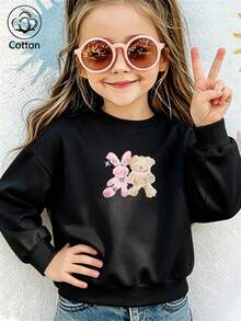 Cute Cartoon Rabbit & Bear Print Girls Sweatshirt, Round Neck Long Sleeve, Comfortable & Warm - Black - View 1
