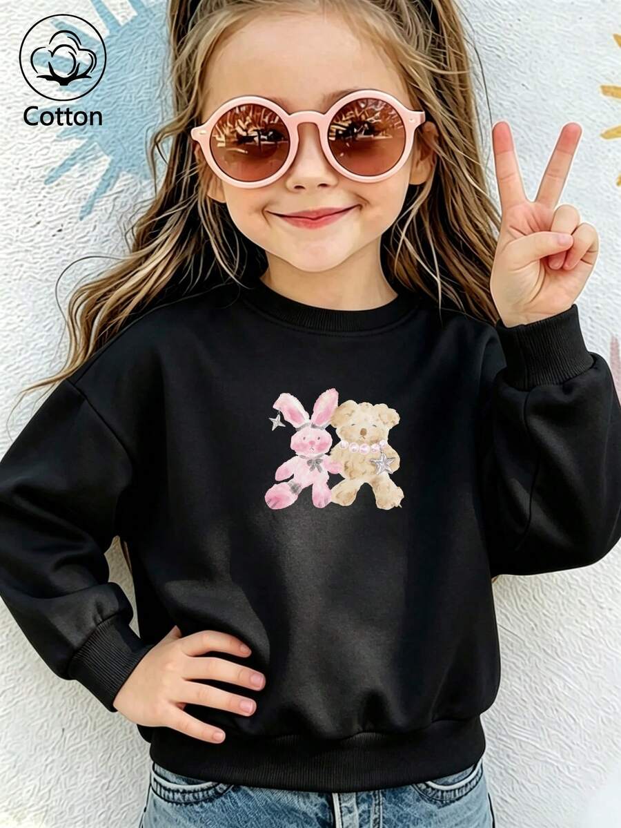 Cute Cartoon Rabbit & Bear Print Girls Sweatshirt, Round Neck Long Sleeve, Comfortable & Warm - Black - View 1