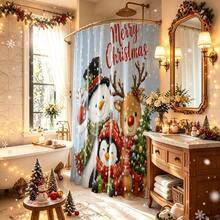 1pc Christmas Snowman & Reindeer Pattern Shower Curtain, Vintage Design, Waterproof, Suitable For Bathtub Partition, Bathroom Decor And Accessories, Christmas Decoration, Home Decor Gift, Includes 12 Hooks - Multicolor - View 2