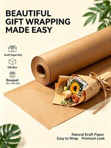 1roll Kraft Paper Roll For Gift Wrapping And Flower Bouquet Packaging, Brown Wrapping Paper For DIY Crafts, Party Decoration, Decorative Paper 10m/50m - B-Brown - View 2