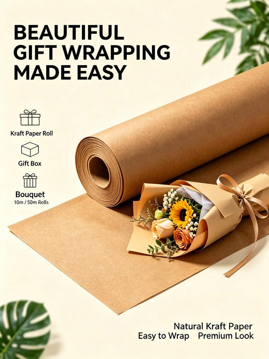 1roll Kraft Paper Roll For Gift Wrapping And Flower Bouquet Packaging, Brown Wrapping Paper For DIY Crafts, Party Decoration, Decorative Paper 10m/50m