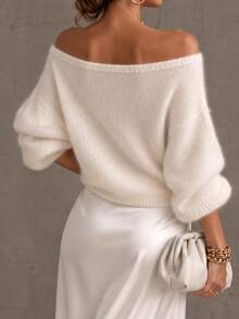 Women's Off Shoulder Fuzzy Knit Pullover Sweater, Regular Fit Rib-Knit Short Sleeve Semi-Sheer Top For Fall - Apricot - View 8