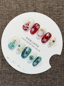 10pcs Handmade Press-On Fake Nails, Acrylic Christmas Limited Edition Red & Green Contrast Color Wearable Nails, Hand-Painted Snowflake Bell Gold Decor, Holiday Atmosphere Winter Fairy Tale Nails, 3D Christmas Tree Snowflake Painted Design, Removable Nail Tips For New Year Party - Multicolor - View 2