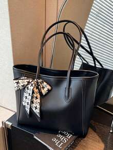Women Solid Large Capacity Tote Bag, Houndstooth Bow Decor Shoulder Handbag, Casual Commuter Top Handle Bag - Black - View 2