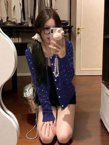 女款圓領針織開襟外套，寬鬆慵懶修身短版上衣 - 藏蓝色 - 查看 3