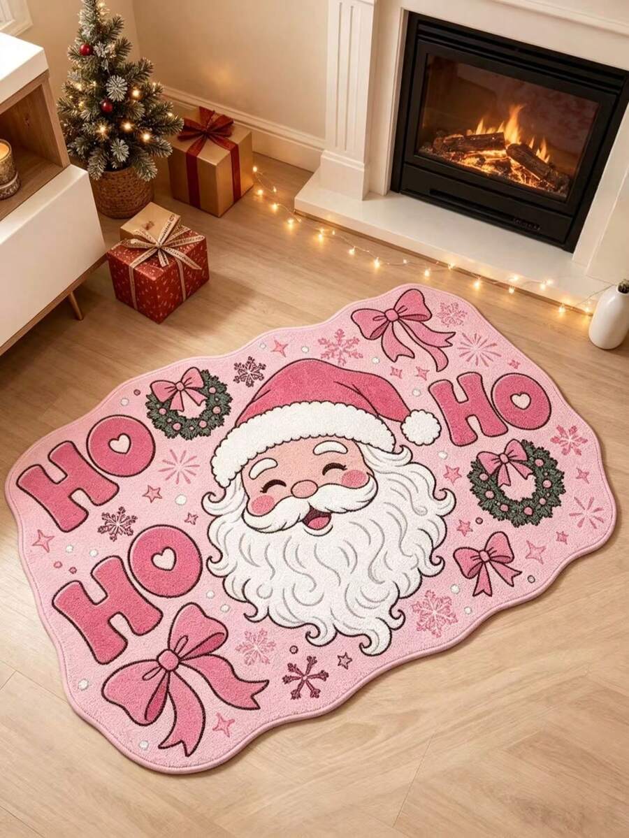 1pc Pink Santa Claus Rug, Plush Velvet, Decorative Rug, Bedroom Decor, Small Rug, Carpet, Home Decor, Living Room Rug, Living Room Small Rug, Bedroom Rug, Living Room Home Decor - Multicolor - View 1