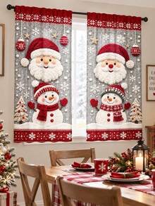 2Pcs Santa Claus & Snowman Christmas Snowflake Pattern Printed Semi-Sheer Rod Pocket Holiday Window Curtains, Cute Cartoon Design, Suitable For Living Room And Bedroom, Rod Not Included, Machine Washable - C - View 5
